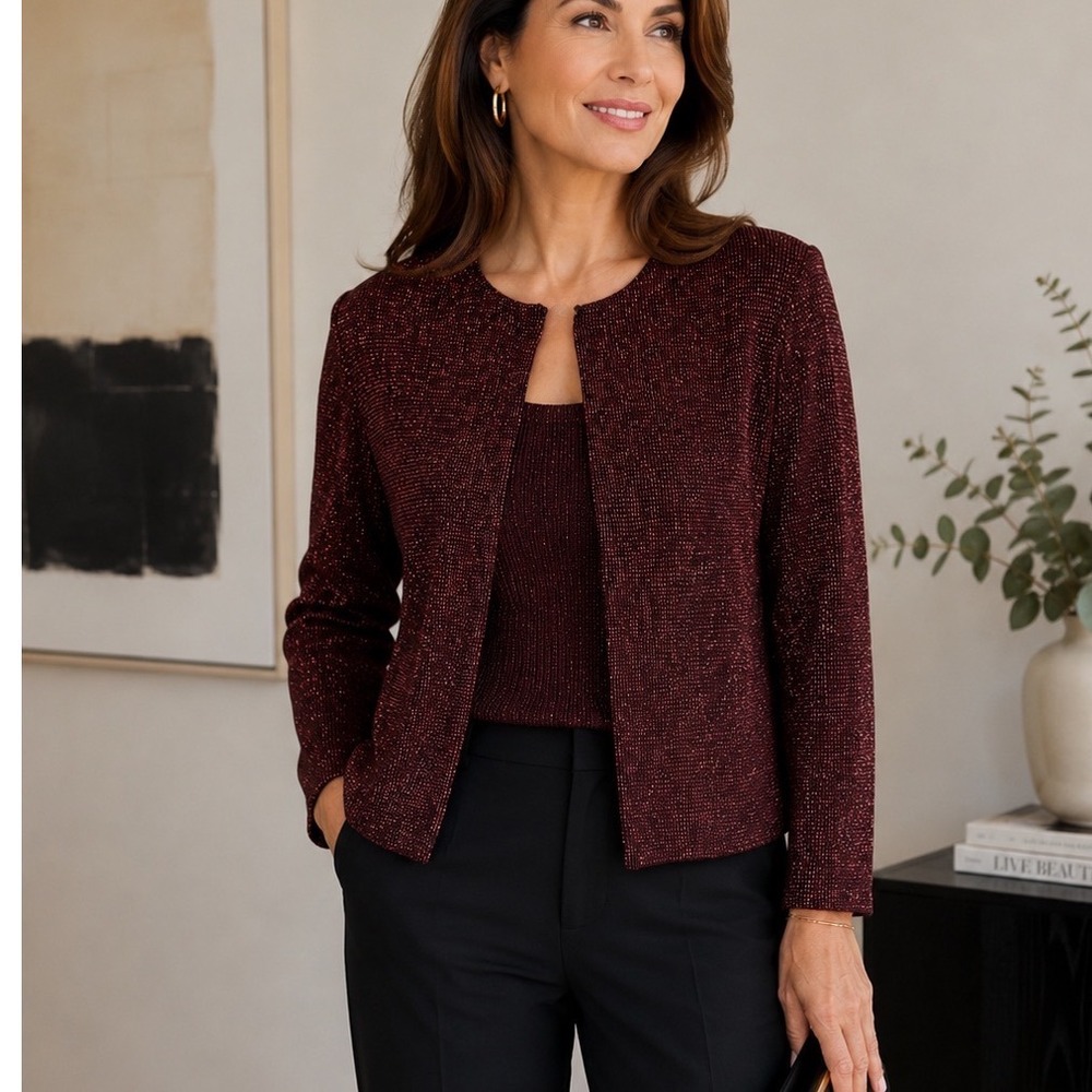 Xscape Twin Set Women Large Red Black‎ Metallic Glitter Knit Cardigan Tank Good